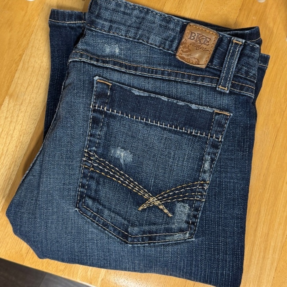 BKE Denim Trinity Stretch Bootcut Jeans 30 x 36 Extra Long Dark Wash Distressed